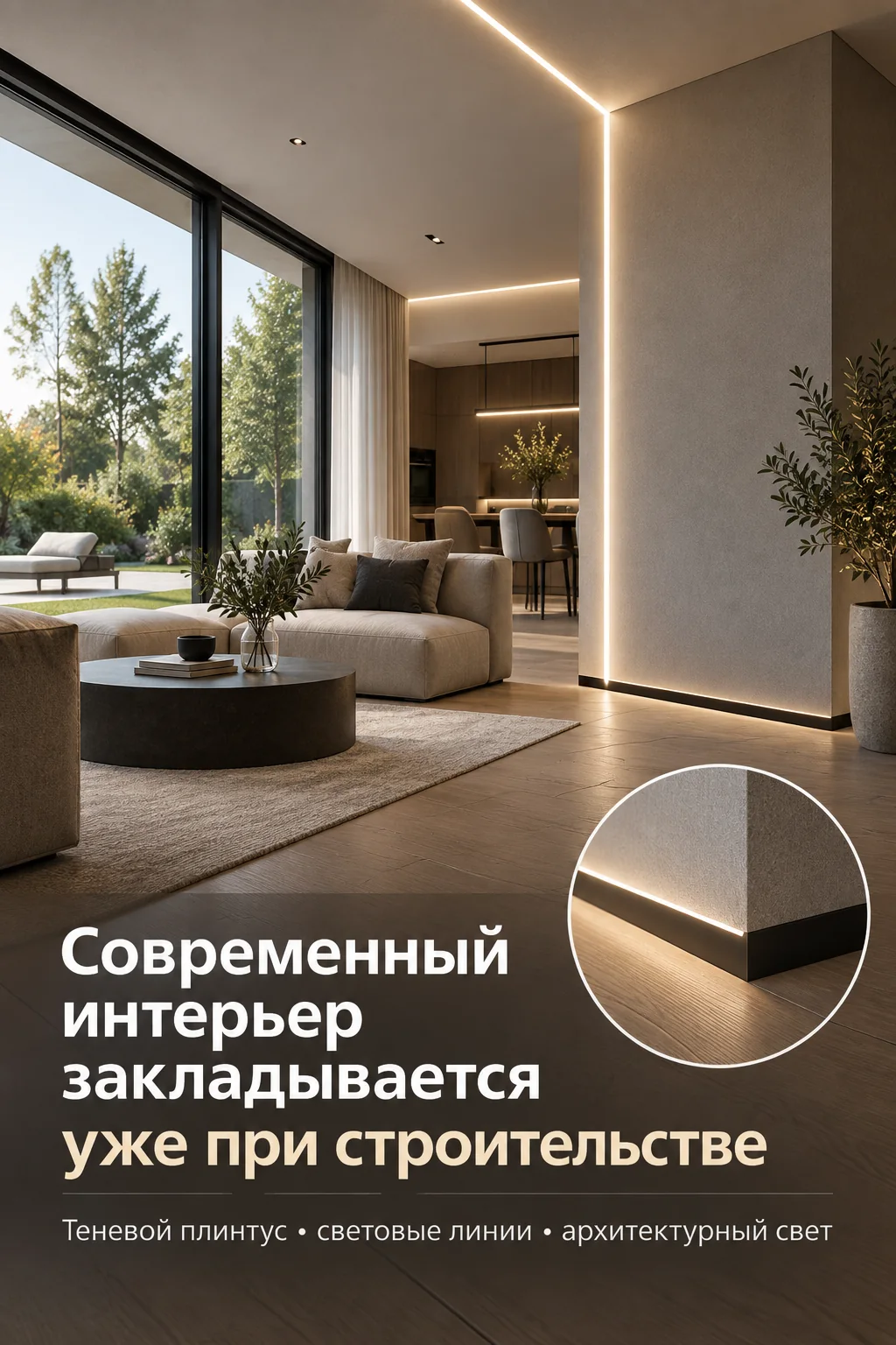 Современный интерьер со световыми линиями, большими окнами и теневым плинтусом